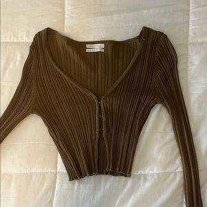 Urban Outfitters Brown Ribbed 3/4 Sleeve Crop Blouse